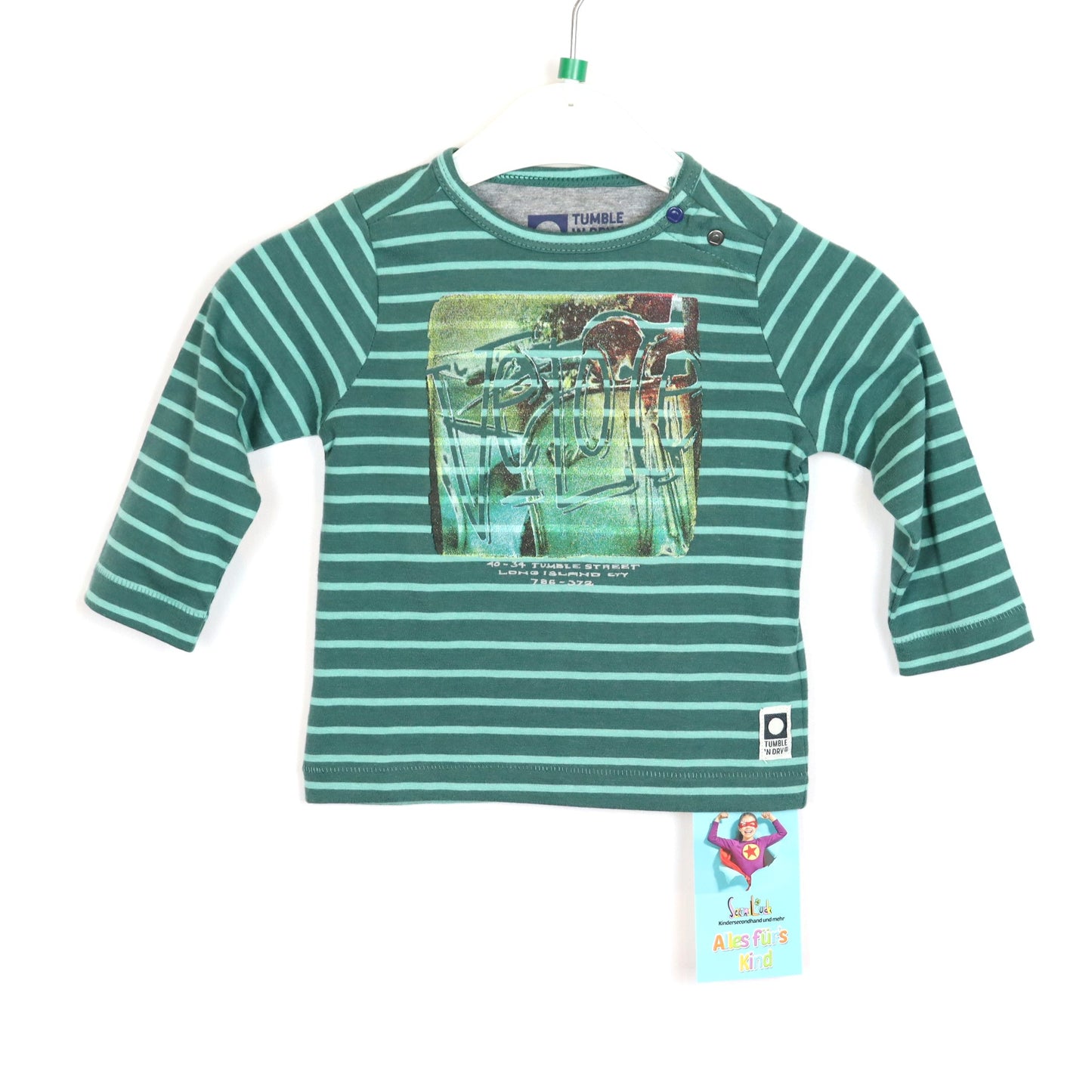 Langarm - Tumble'n Dry - Blockstreifen - 68 - dunkelgrün - grün - bedruckt - Boy - sehr guter Zustand mit Original-Etikett