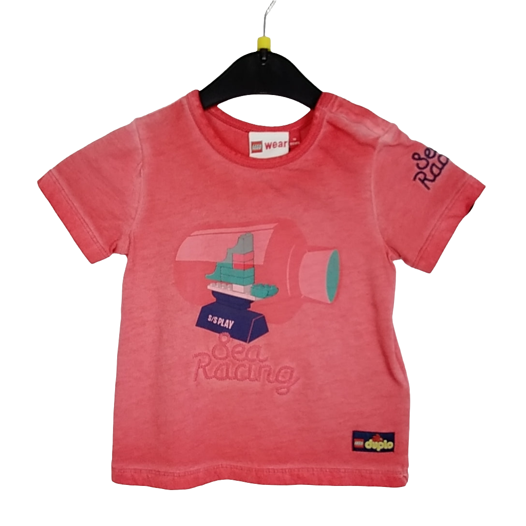 T-Shirt - Lego - 74/80 - rot - bestickte Ärmel Schrift - used-look- sehr guter Zustand - mit Original-Etikett