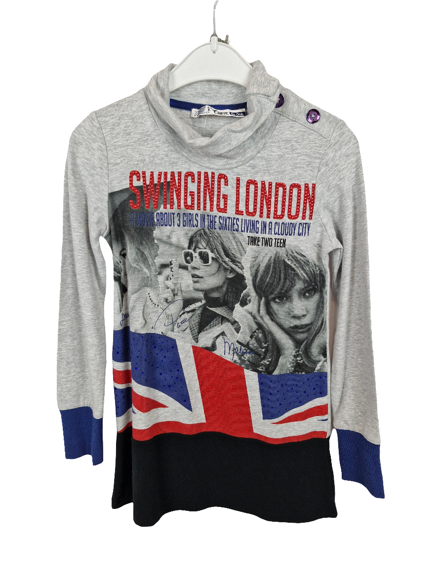 Kleid-take-two-116-grau- schwarz-knielang-langarm - mit Kragen - Swinging London - mit Original-Etikett