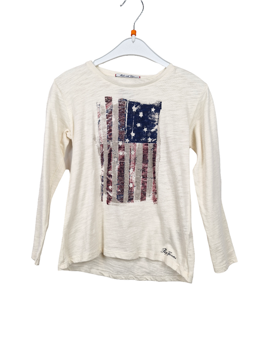Langarm - Pepe Jeans 116 - creme - Motiv Flagge- vorne kürzer - mit Original-Etikett